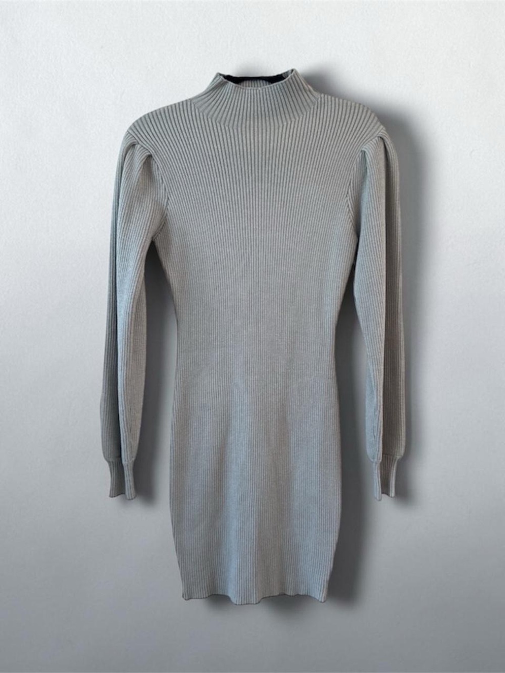 Ribbed Mock Neck Long-Sleeve Sweater Dress - Gray